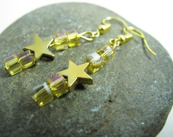 Gold Star Earrings, Star Earrings, Glass Cube Earrings, Long Star Earrings, Dangle Earrings, Crystal Earrings