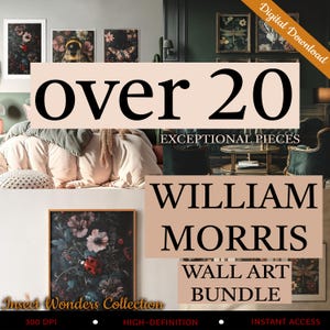 Pode incluir: Um pacote de download digital com mais de 20 impressões de arte de parede de William Morris. A imagem mostra uma sala de estar com um sofá e uma mesa de centro. As impressões são emolduradas e apresentam designs florais e de insetos. O texto "Insect Wonders Collection" está na parte inferior da imagem.