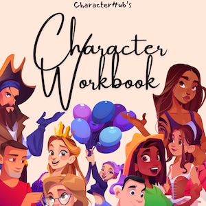 Puede incluir: Una ilustración colorida de un grupo de personajes de dibujos animados diversos, que incluyen un pirata, una princesa, una mujer con una corona, una mujer con un sombrero, una mujer con cabello morado, un hombre con barba y un hombre con gafas. La ilustración se titula "Character Workbook" y es una forma divertida y atractiva de aprender sobre el desarrollo de personajes.
