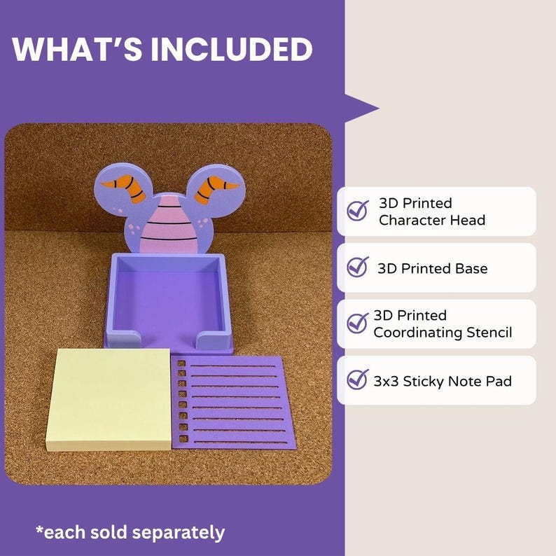May include: A purple 3D printed character head and base holder for 3x3 sticky notes, accompanied by a coordinating purple stencil. The text WHAT'S INCLUDED appears at the top, with a list detailing the 3D printed character head, base, stencil, and 3x3 sticky note pad.