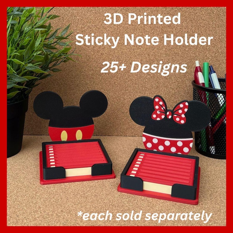 May include: Two 3D printed sticky note holders featuring black mouse-ear silhouettes. One has red shorts with yellow buttons, the other has a red bow with white polka dots. Text reads: 3D Printed Sticky Note Holder, 25+ Designs, *each sold separately.