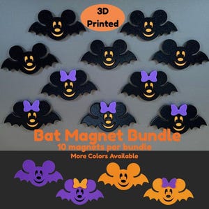 May include: A collection of 3D printed bat magnets featuring mouse-like ears and smiling faces. Some bats include purple bows. Text on the image reads: 3D Printed, Bat Magnet Bundle, 10 magnets per bundle, More Colors Available. The magnets are black, purple, and orange.