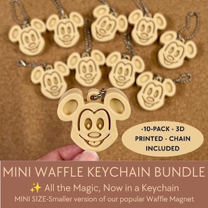 May include: A 10-pack of light beige 3D printed keychains featuring the iconic mouse head shape with a waffle-like texture. Each keychain includes a metal chain attachment. The text 10-PACK 3D PRINTED CHAIN INCLUDED is visible on the image.