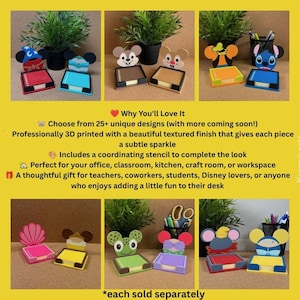 May include: A collection of 3D printed character-themed sticky note holders featuring various designs including Mickey Mouse ears, Stitch, and other cartoon-inspired shapes. Each holder includes a square stack of colourful adhesive paper notes.
