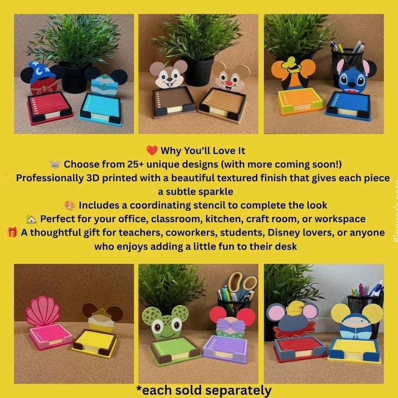 May include: A collection of 3D printed character-themed sticky note holders featuring various designs including Mickey Mouse ears, Stitch, and other cartoon-inspired shapes. Each holder includes a square stack of colourful adhesive paper notes.