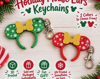 Festive Holiday Mouse Ears Keychain | 3D Printed Holiday Accessory | Keyring | Pixie Dust Gift | Accessory | Stocking Stuffer