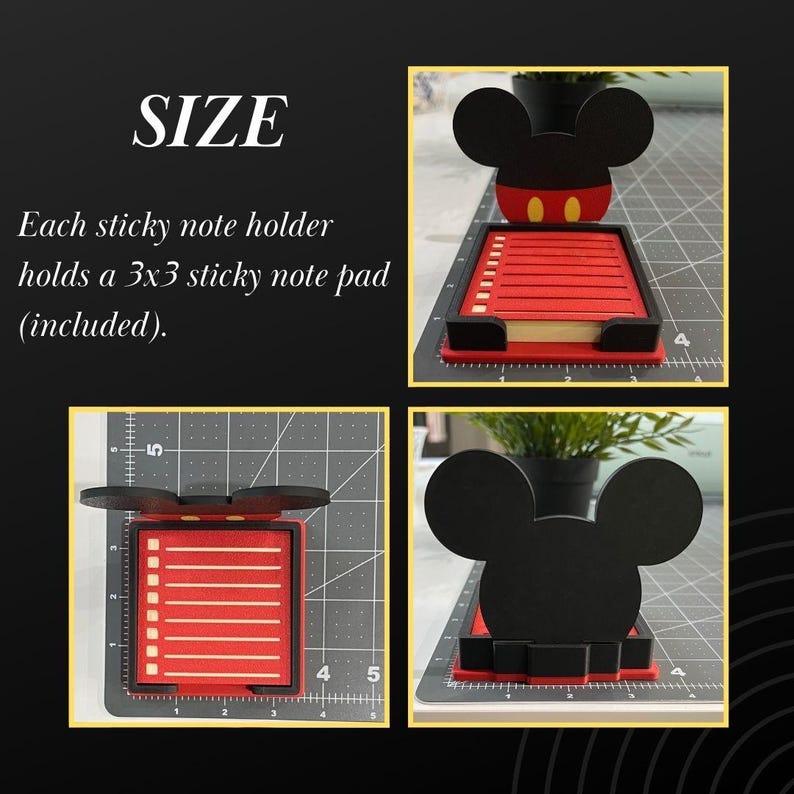 May include: A black and red sticky note holder featuring a mouse-ear silhouette. The holder includes a 7.62x7.62 cm sticky note pad. The design incorporates two yellow ovals on the red base section. The holder is shown from multiple angles.