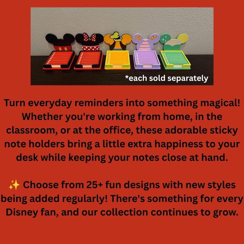 May include: Five character-themed sticky note holders arranged in a row. Each holder features a colourful base with a matching character head silhouette at the top, including red, yellow, purple, and green designs with integrated paper pads.