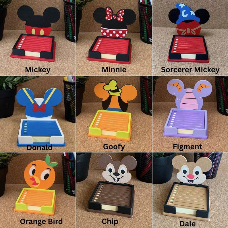 May include: A collection of nine character-themed memo pad holders featuring Mickey, Minnie, Sorcerer Mickey, Donald, Goofy, Figment, Orange Bird, Chip, and Dale. Each holder includes a square base with a stack of paper and a decorative cutout back.