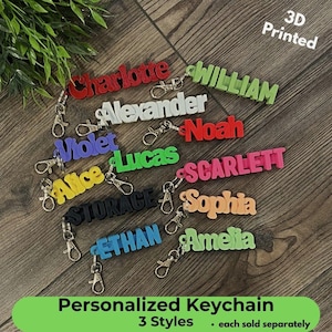 May include: A collection of 3D-printed personalized keychains in various colors, including red, green, white, and blue. Each keychain displays a name, such as "Charlotte" or "William", and is attached to a silver-colored clasp. The text "Personalized Keychain" is also visible.