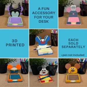 May include: A collection of 3D printed character-themed sticky note holders featuring designs of Maleficent, Remy, Donald Duck, a Viking, Mickey Mouse, and a brown creature. Each holder includes a stack of paper notes for desk organisation.