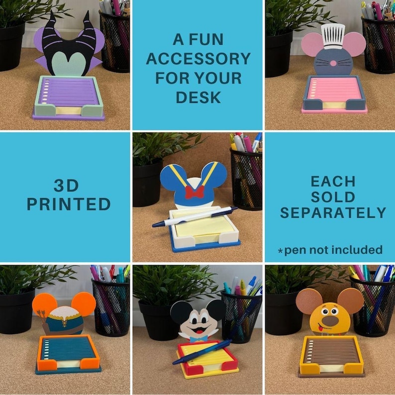 May include: A collection of 3D printed character-themed sticky note holders featuring designs of Maleficent, Remy, Donald Duck, a Viking, Mickey Mouse, and a brown creature. Each holder includes a stack of paper notes for desk organisation.