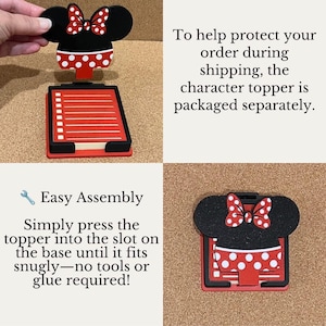May include: A red and black notepad holder featuring a detachable character topper with a red and white polka dot bow. The base includes a slot for the topper and a square notepad with a red border and white lines for a checklist.
