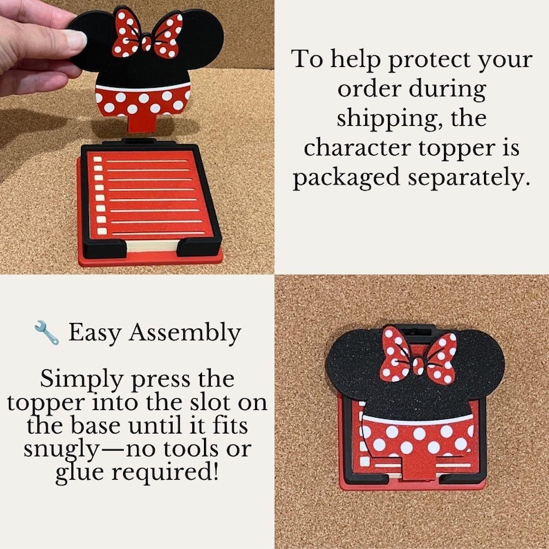 May include: A red and black notepad holder featuring a detachable character topper with a red and white polka dot bow. The base includes a slot for the topper and a square notepad with a red border and white lines for a checklist.