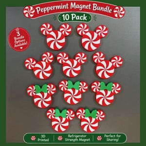 May include: A 10-pack of peppermint-themed magnets featuring red and white swirl patterns. Some magnets are shaped like mouse heads, while others include small green bows. Text includes Peppermint Magnet Bundle, 10 Pack, 3 Bundle Options Available, 3D Printed, Refrigerator Strength Magnet, and Perfect for Sharing.