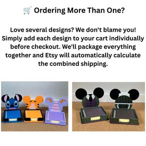 May include: Five square memo pad holders featuring character-inspired designs with rounded ears. The text reads: Ordering More Than One? Love several designs? We don't blame you! Simply add each design to your cart individually before checkout.