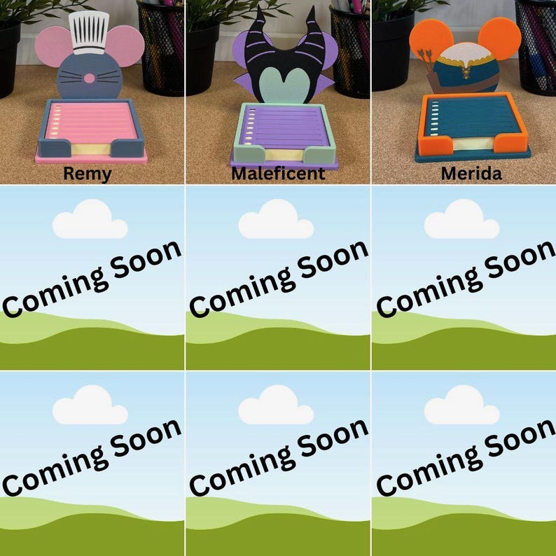 May include: Three character-themed sticky note holders with paper pads. The first features a grey mouse with a chef hat, the second a black and purple horned figure, and the third an orange-eared character with a blue and gold outfit.