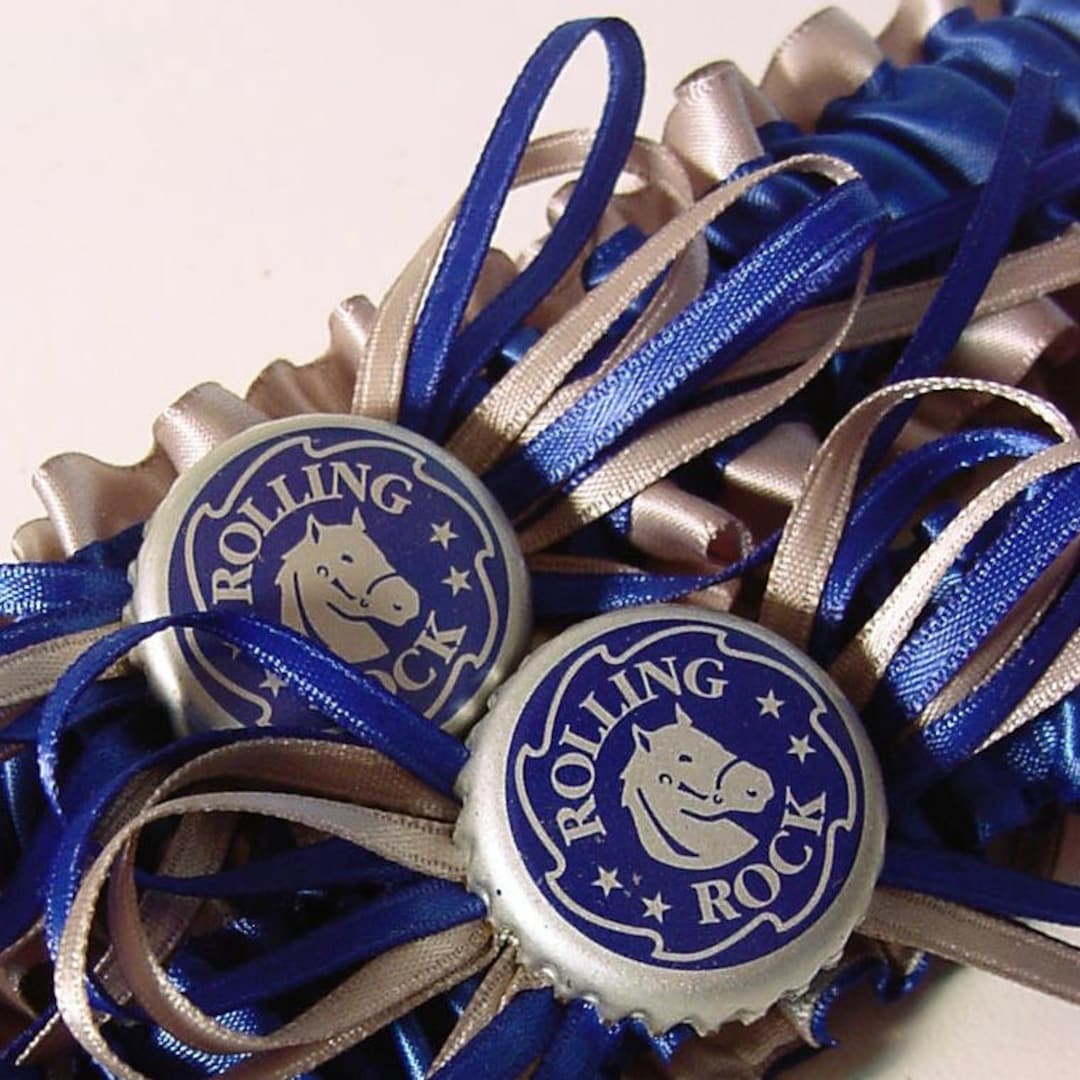Wedding Garter Set ROLLING ROCK Bottle Cap Keepsake a Peterene Design
