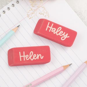 Set of 2 Personalized Pink Erasers, Back to School, Custom engraved with Name, School supplies, Student or Teacher gift