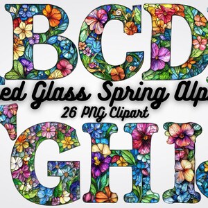 Vitral Primavera Alfabeto, Letra Clipart, 26 Letras PNG Vibrantes Inspiradas pela Natureza para Convites, Artesanato e Designs Digitais