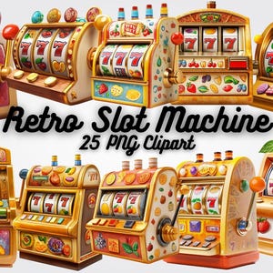 Retro Slot Machine Clipart, 25 PNG Digital Casino Graphics for Las Vegas Party Invitations, Sublimation, Stickers, Digital Decor