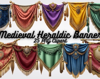 Middeleeuwse heraldische banner clipart: vintage wapenschild (digitale download, 25 png-bestanden)