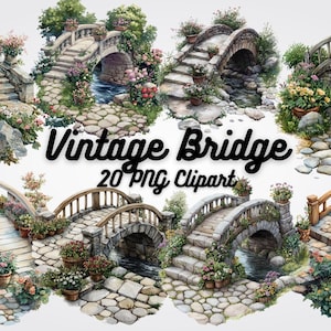 Pode incluir: Uma coleção de 20 imagens clipart de pontes vintage. Cada imagem apresenta uma ponte de pedra ou madeira com vegetação exuberante e flores. As pontes são colocadas sobre um fundo de caminhos de paralelepípedos e riachos que fluem. As imagens são perfeitas para adicionar um toque de fantasia e charme aos seus projetos digitais.