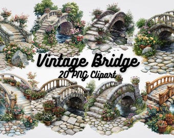Puede incluir: Una colección de 20 imágenes de clipart de puentes vintage. Cada imagen presenta un puente de piedra o madera con vegetación exuberante y flores. Los puentes se colocan sobre un fondo de caminos de adoquines y arroyos que fluyen. Las imágenes son perfectas para agregar un toque de fantasía y encanto a tus proyectos digitales.