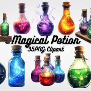 May include: A collection of 35 magical potion bottles with colorful liquids and swirling glitter. The bottles are in various shapes and sizes, with cork stoppers and labels. The image includes the text "Magical Potion 35 PNG Clipart".
