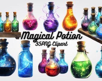 May include: A collection of 35 magical potion bottles with colorful liquids and swirling glitter. The bottles are in various shapes and sizes, with cork stoppers and labels. The image includes the text "Magical Potion 35 PNG Clipart".