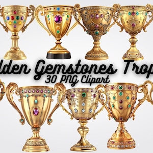 May include: A set of 10 gold trophy cups with colorful gemstones. Each cup has a different design and color combination. The cups are all made of gold and have a shiny finish. The gemstones are set in the cups and are arranged in a variety of patterns. The cups are all on a white background. Golden Gemstones Trophy 30 PNG Clipart