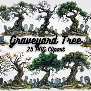 May include: A digital illustration featuring several gnarled trees with twisted branches, each set against a backdrop of weathered tombstones. The trees display varying foliage, from lush green to bare branches. Text reads "Graveyard Tree 25 PNG Clipart."