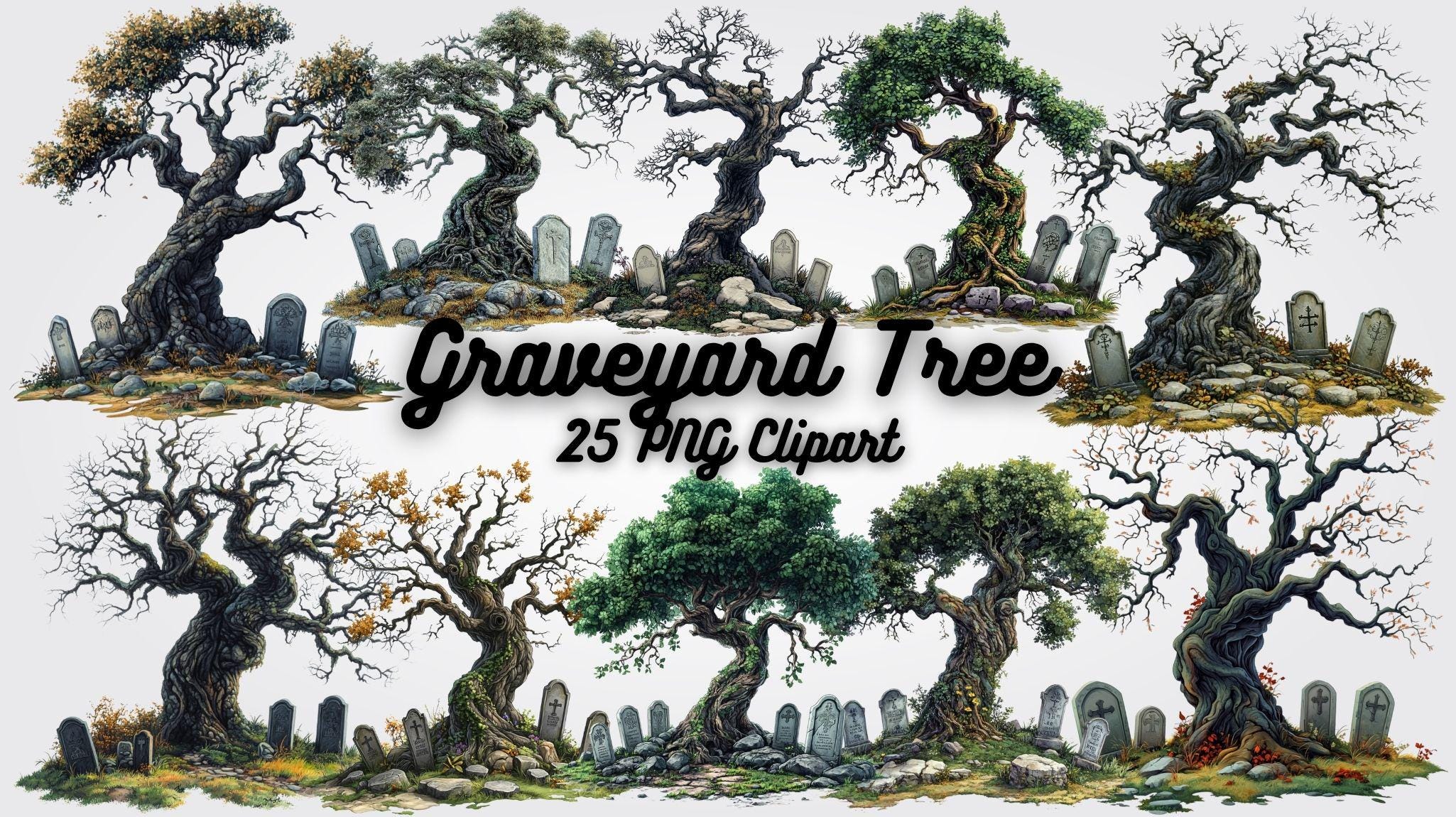 Spooky Graveyard Tree Clipart PNG: Gothic Halloween Art (digital ...