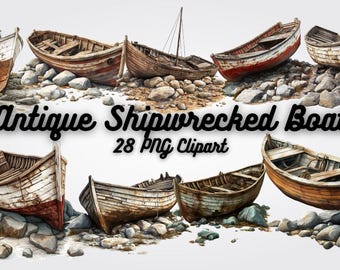 Shipwrecked Boat Clipart: 28 Antique Nautical PNGs (Digital Download)