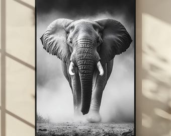 ミニマリストの象のプリント：白黒のアフリカ野生動物写真（デジタル