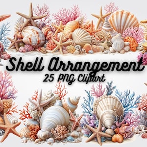 Seashell Clipart PNG, Shell Arrangement Digital Download, Beach Watercolor Clipart, Coastal Sublimation Graphics, Ocean Decor, Digital Print