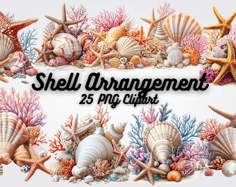 Seashell Clipart: Watercolor Shell Arrangement, Coastal Graphics (Digital Download)