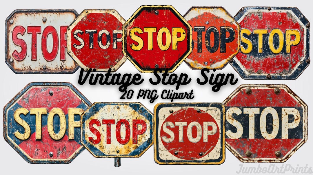 Stop Sign Retro Vintage Stop Sign Clipart: 20 Retro Grunge Pngs (digital Download) - Etsy
