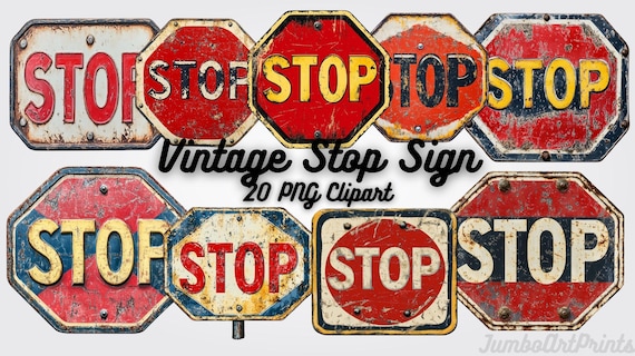 Vintage Stop Sign Clipart: 20 Retro Grunge Pngs (digital Download