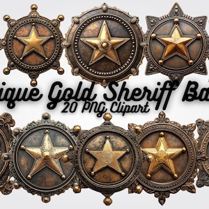 Antique Gold Sheriff Badge Clipart: Wild West Decor (PNG Digital Download