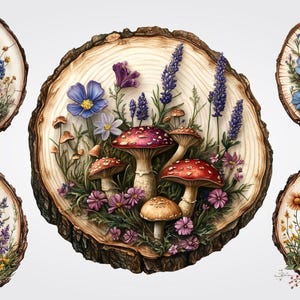 May include: Six round wooden slices with a 3D design of mushrooms and flowers. The mushrooms are red and white with white spots. The flowers are purple, blue, yellow, and pink. The wooden slices are a light brown color.