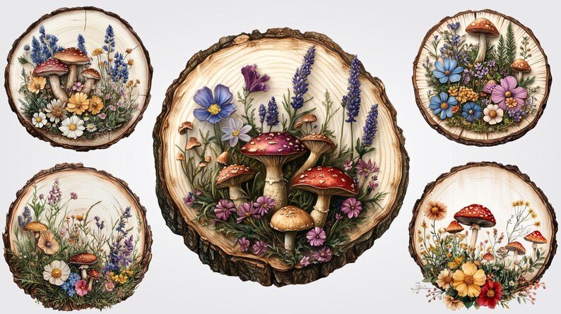 May include: Six round wooden slices with a 3D design of mushrooms and flowers. The mushrooms are red and white with white spots. The flowers are purple, blue, yellow, and pink. The wooden slices are a light brown color.