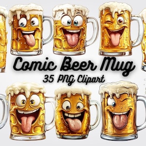 Può includere: Una collezione di boccali di birra dei cartoni animati con facce espressive, ognuno pieno di birra dorata e sormontato da schiuma bianca. I boccali hanno grandi manici e sorridono, ammiccano e tirano fuori la lingua. Il testo recita "Comic Beer Mug 35 PNG Clipart."