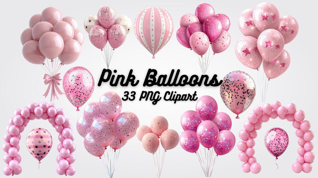 Pink Balloons Clipart: 33 PNG Images for Party Decor (digital Download ...