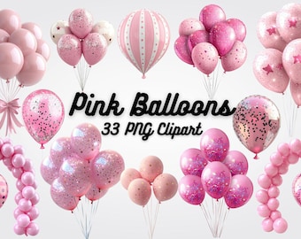 Pink Balloons Clipart: 33 PNG Images for Party Decor (Digital Download)