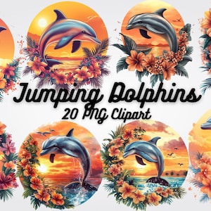 20 cliparts dauphins sautant, images PNG de haute qualité de dauphins avec fleurs tropicales, océan et coucher de soleil, faire-part, impressions et décoration