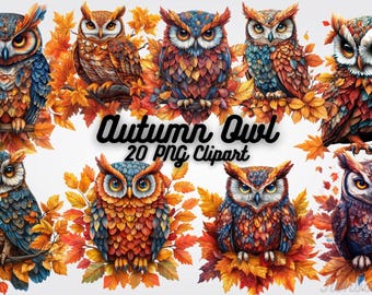Autumn Owl Clipart: Fall Leaves PNGs for Thanksgiving (Digital Download 12x12")