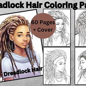 Op de afbeelding: Een kleurboek met 60 pagina's en een omslag met een zwarte vrouw met dreadlocks. Het boek is getiteld "Dreadlock Hair Coloring Pages".