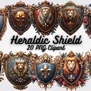 Heraldic Shield Clipart, Medieval Crest PNG Bundle, Vintage Coat of Arms Graphics for Invitations, Sublimation, DIY Crafts & More