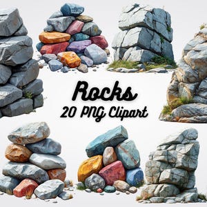 Könnte beinhalten: Eine Sammlung von 20 PNG-Clipart-Bildern mit verschiedenen Felsformationen. Die Felsen sind grau und braun, einige mit bunten Akzenten. Die Bilder sind perfekt, um digitalen Designs ein natürliches Element hinzuzufügen.